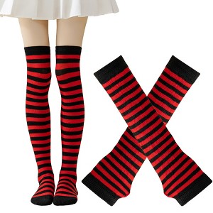 BABYYER Striped Thigh High Socks, Christmas Long Stockings, Leg Warmer and Long Fingerless Gloves Set for Holiday Decorations - 1 of 4