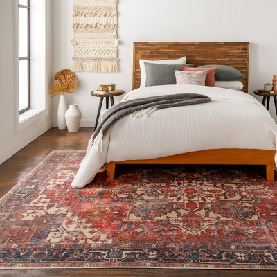 Rome Rust and Blue Traditional Washable Area Rug