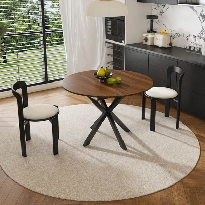 Modern Round Extendable Dining Table for 6, Retractable Solid Wood Veneer Table with Carbon Steel Base for Kitchen or Dining Room-Tanpinhause