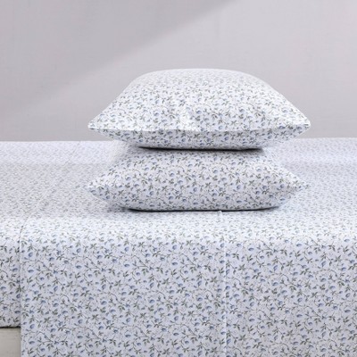 Blue Floral Print Cotton Queen Sheet Set