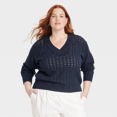 Women's Openwork V-Neck Pullover Sweater - Universal Thread™