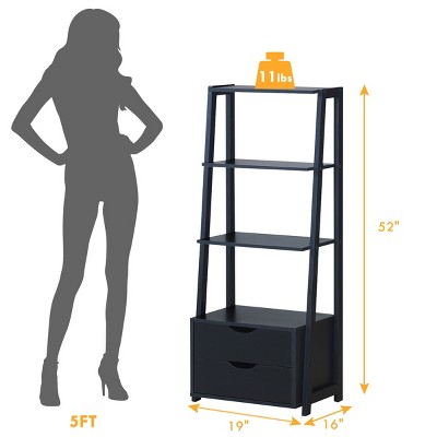 Black 4-Tier Ladder Bookshelf with 2 Drawers