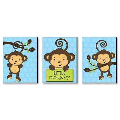 Big Dot of Happiness Blue Monkey Boy - Baby Boy Nursery Wall Art and Kids Room Decorations - Gift Ideas - 7.5 x 10 inches - Set of 3 Prints