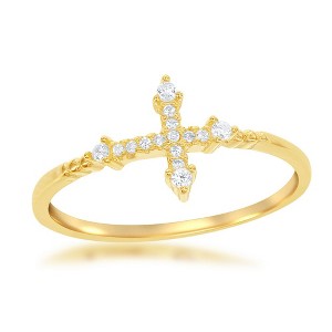 Bella Silver Sterling Silver CZ Cross Ring - Gold Plated - Gold - Size 5 - 1 of 3