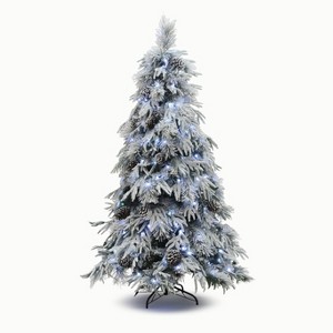 LuxenHome Pre-Lit Full Snowy Branches Artificial Pine Christmas Tree with Pinecones and Stand - 1 of 4