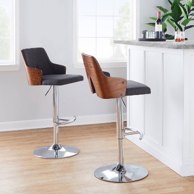 Stella Adjustable Gray Fabric and Walnut Wood Swivel Barstools