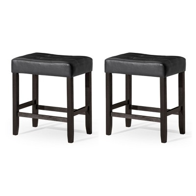 A La Carte Harper Kitchen Stool in Wood Finish with Distressed Brown Vegan Leather, Set of 2