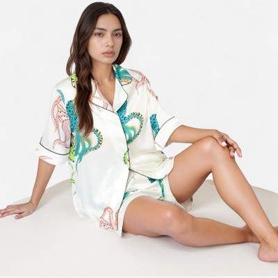 Anna-Kaci Lounge Women's Short Sleeve Button Front Satin Pajama Set with Ocean Print Design