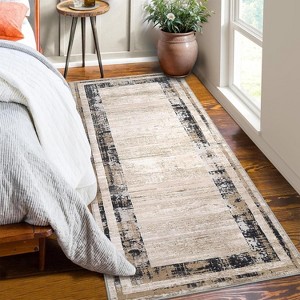Washable Living Room Rug with Distressed Modern Border, Non-Slip, Soft Decorative Accent Carpet, Contemporary Minimalist Design for Bedroom Floor. - 1 of 4
