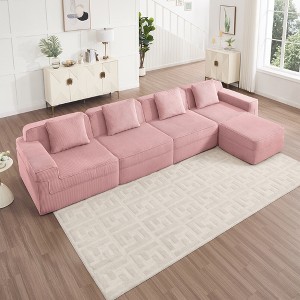 Modular 4-Seat L-Shaped Sectional Sofas, Deep Seat Cloud Couch with 1 Movable Ottoman & Throw Pillows, Plush Corduroy Boneless Sofa for Living Room - 1 of 4