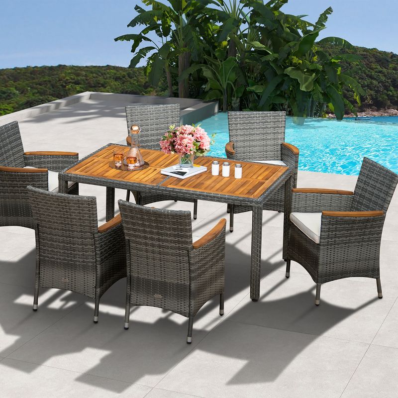 Costway 7PCS Patio Rattan Dining Set Acacia Wood Table Cushioned Chair Mix Gray, 1 of 11