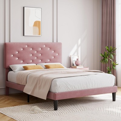 homfan Bed Frame with Button-Tufted Linen Headboard, Wood Slat Support - Princess Platform Bed for Girls, Easy Assembly, No Box Sprin