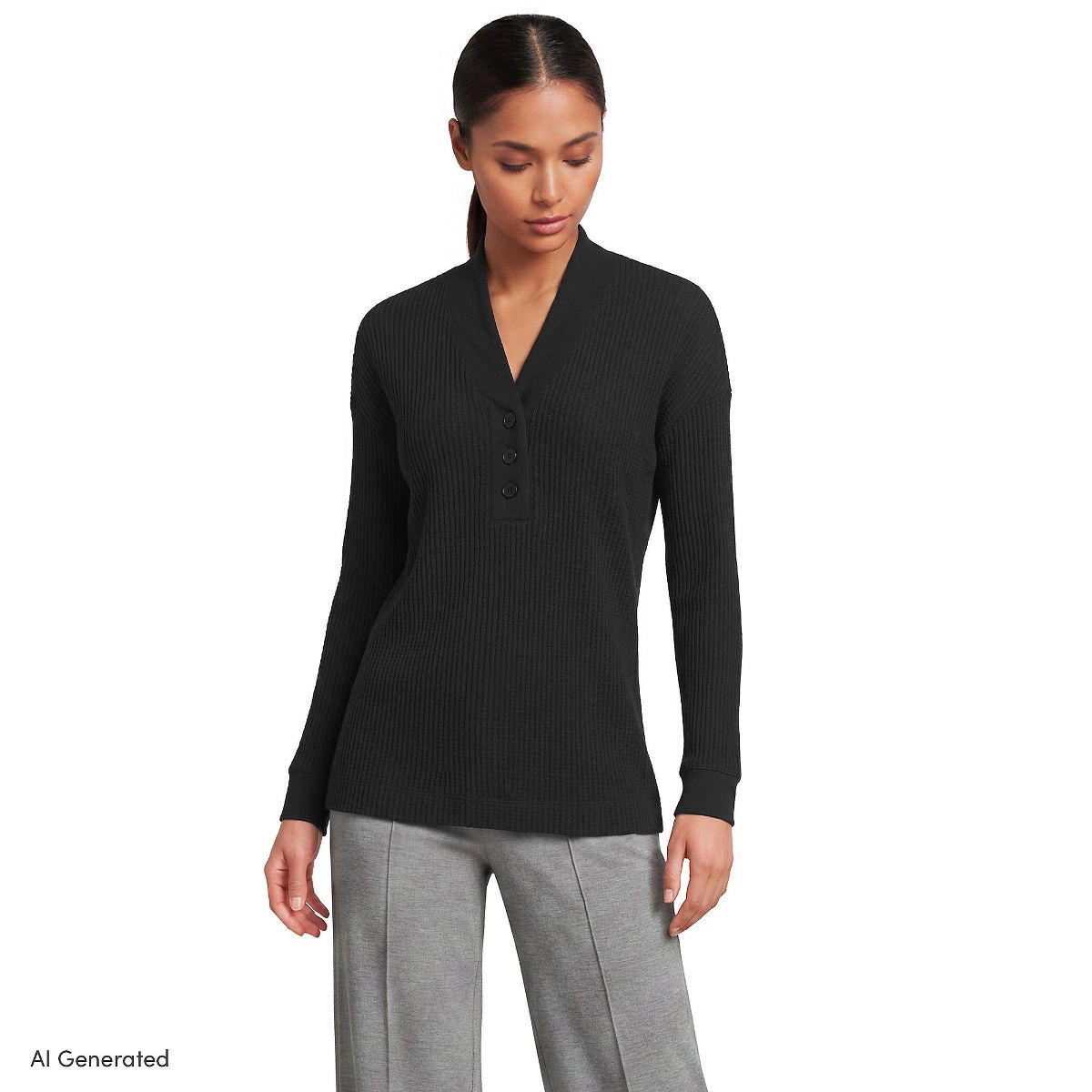 Lands' End Women's Long Sleeve Waffle Shawl Collar Henley