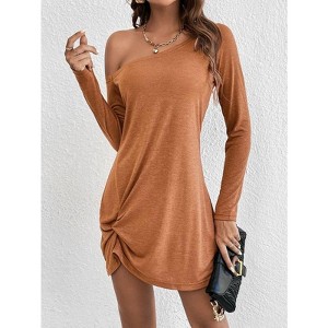Coolmee Women's Off Shoulder Dresses Casual Loose Fit Long Sleeve Tee Shirt Dress Soft Comfy Vacation Beach Sundress Mini - 1 of 4