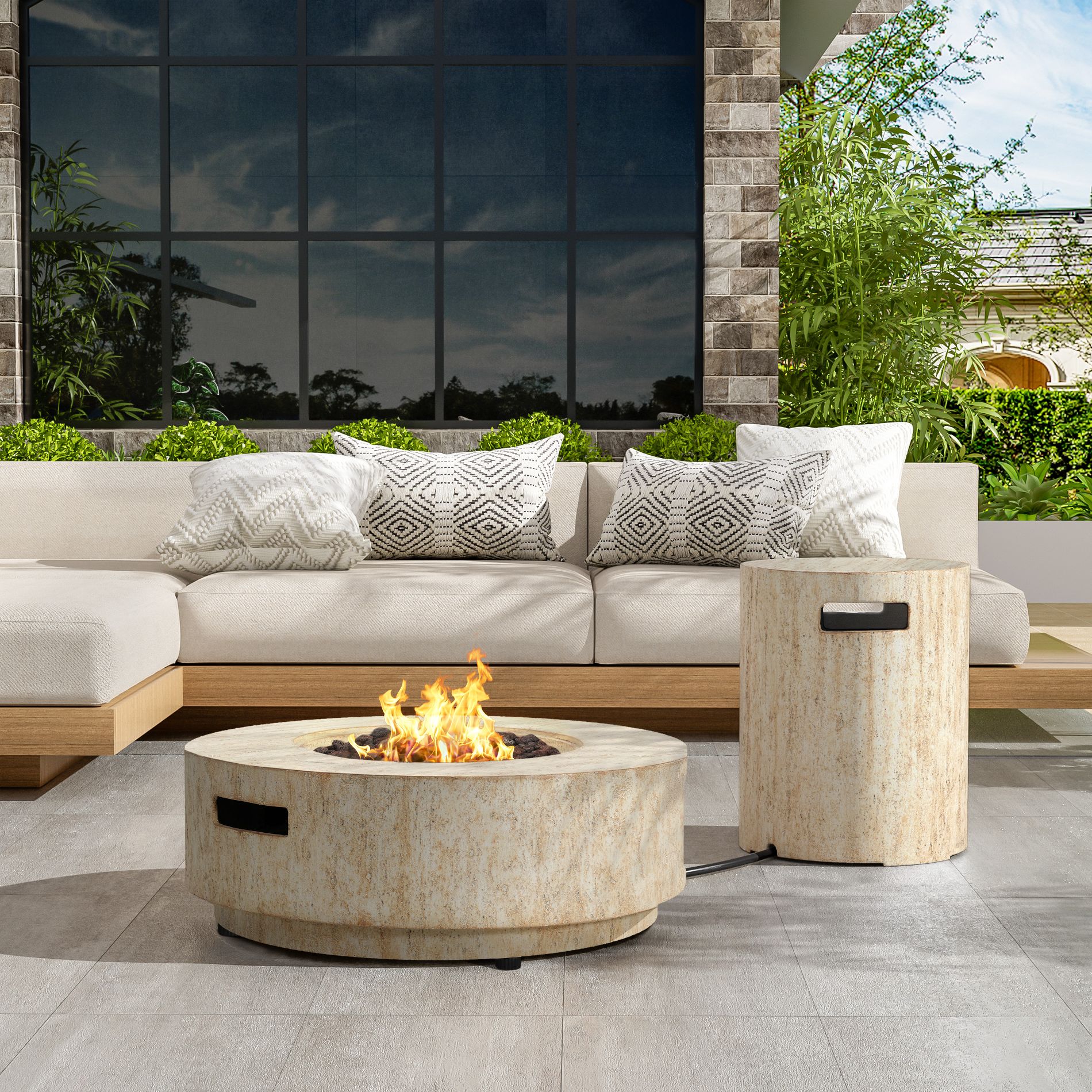 Christopher Knight Home Elisha Outdoor 40,000 BTU Lightweight Concrete Fire Pit Table with Tank Holder and Lid, Travertine Beige