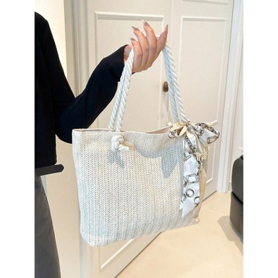 Hachikiko Woven Straw Tote Bag - Large Capacity Fashion Tote with Silk Scarf Detail