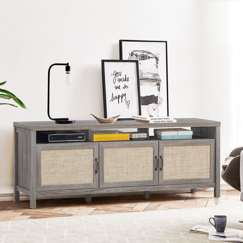 Tangkula Universal TV Stand Cabinet Television Media Console with 3 Rattan Doors Grey Oak Walnut, 2 of 6