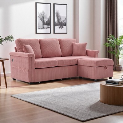 76" Corduroy L-Shaped Sectional Sofa with Pull-Out Storage & USB