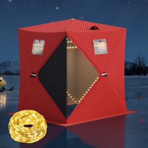 Portable Pop-Up Ice Fishing Tent, Fits 2-3 Person Ice Fishing Shelter, Insulated Hub Shelter with Anchors, Ropes, Light Strip & Carry Bag, Red+Black - 1 of 4