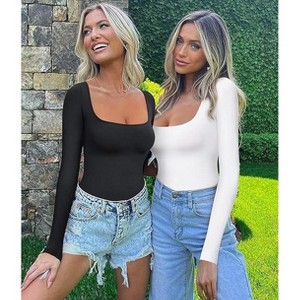 NEBILITY Long Sleeve Bodysuit Square Neck Body Suits for Womens Slim Fit - 1 of 4
