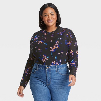 Women's Plus Size Long Sleeve Mesh Top - Ava & Viv™ Black Floral X