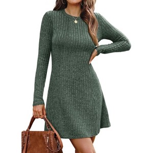 2025 Women's Long Sleeve Sweater Dress for Fall, Crew Neck Knit Midi Dress Green - 1 of 4