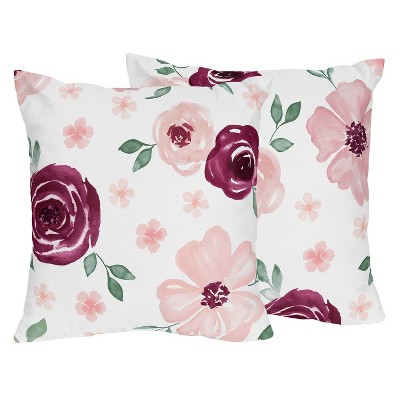 Set of 2 Watercolor Floral Decorative Accent Throw Pillows Burgundy Wine/Pink - Sweet Jojo Designs