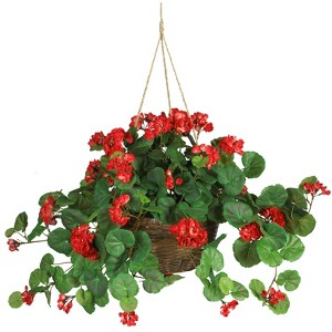 Nearly Natural Geranium Hanging Basket Artificial Plant, Red - 1 of 2