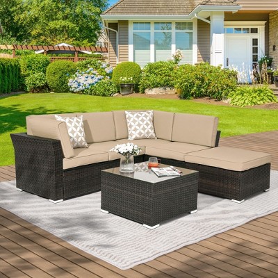 Sonkuki 4-Piece Patio Conversation Set with Ottoman and Tempered Glass Coffee Table