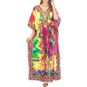 LA LEELA Women's Summer Dailywear Loose Caftan Boho Slit Dress One Size Abstract - 1 of 4