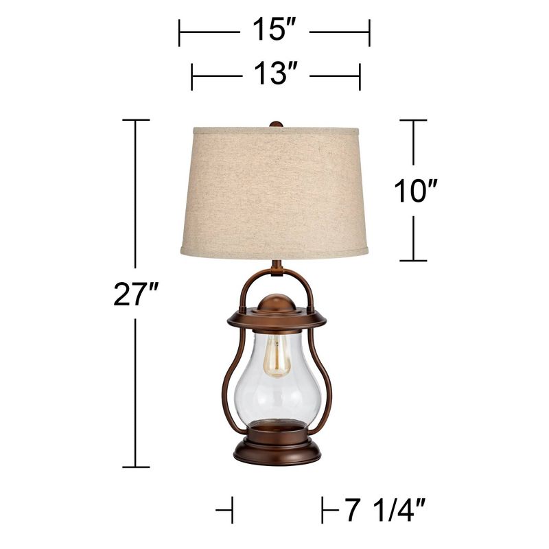 Franklin Iron Works Fredrik Rustic Industrial Table Lamp 27" Tall Bronze Lantern with LED Nightlight Burlap Drum Shade for Bedroom Bedside Office Home, 4 of 8