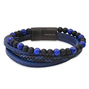 Steeltime Men's braided leather, stone and black ip stainless steel magnetic clasp layered bracelet. Color Option: Black, Brown, Blue - 1 of 4