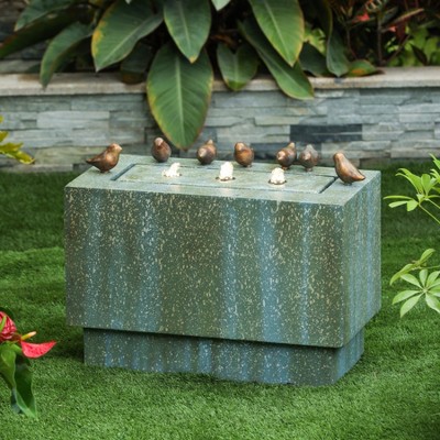 Gray and Green Resin Rectangular Outdoor Fountain with Bronze Birds