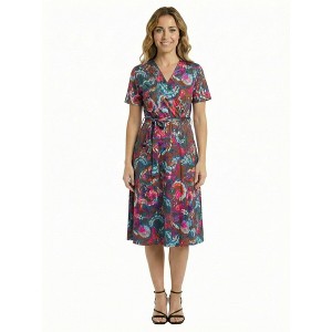 24seven Essential Petite Paisley Print Short Sleeve Tie Waist Midi Dress :  Target