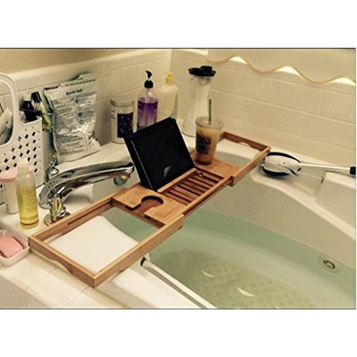 Adjustable Natural Bamboo Freestanding Bathtub Caddy