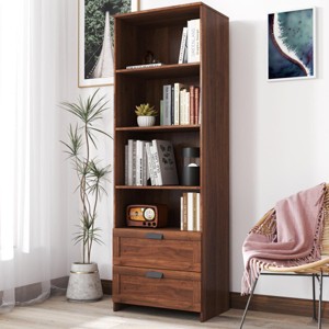 SEVOBAL Decorative Bookshelf 4 Shelf Bookcase with Drawers Adjustable Storage for Home Office Living Room Study, Brown, 15.75"*23.62"*70.87" - 1 of 4