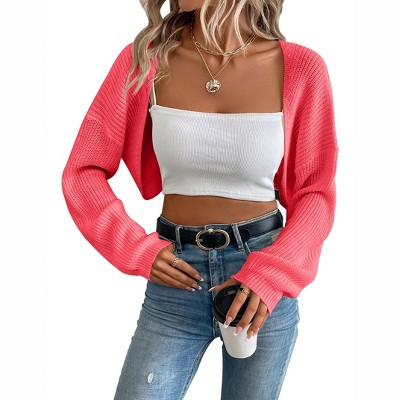 Womens Cropped Sweater Cardigan Sweater Knit Bolero Open Front Cropped Cardigan with Lantern Sleeve