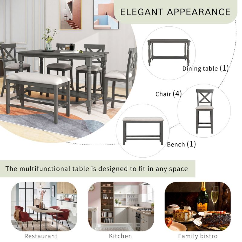 6-Piece Counter Height Dining Table Set Table with 4 Chairs and 1 Benchs - ModernLuxe, 5 of 12