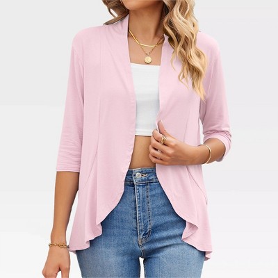 Womens 3/4 Sleeve Cardigan with Ruffle Hem Open Front Cardigan Everyday Outfits
