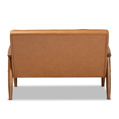 Tan Faux Leather Walnut Brown Wood Loveseat
