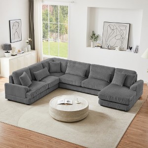 129" Oversized Corduroy U-Shaped Sectional Sofa with Chaise Lounge, 4 Throw Pillows & 3 Lumbar Pillows - 1 of 4