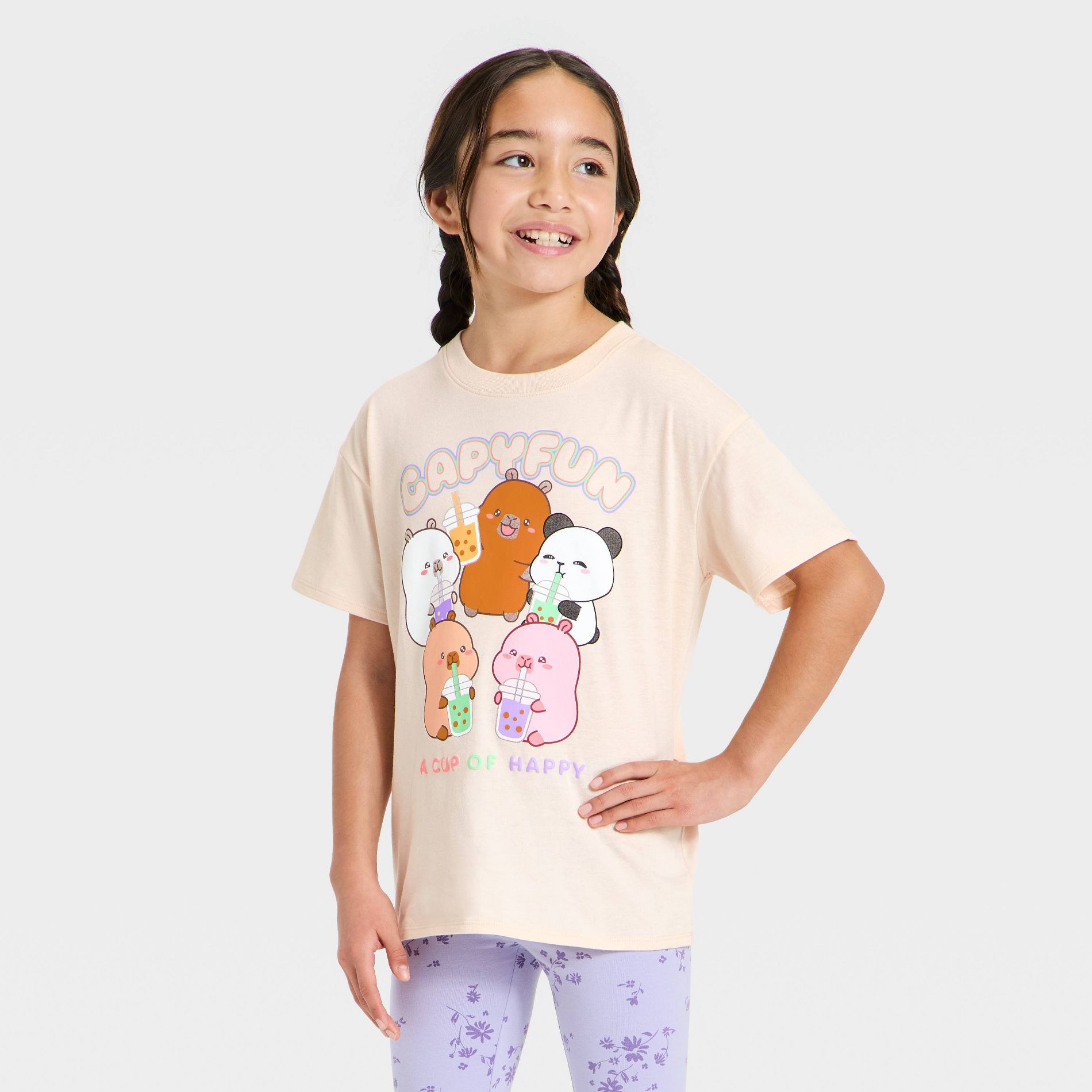 Girls' CapyFun "A Cup of Happy" Graphic T-Shirt - Ivory