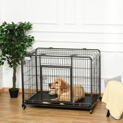 Heavy Duty Black Metal Dog Cage with Wheels and Tray, 43"