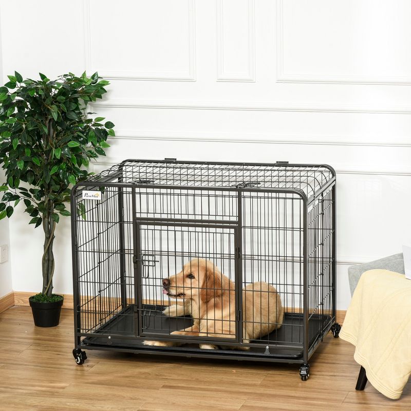PawHut Folding Design Heavy Duty Metal Dog Cage Crate & Kennel with Removable Tray and Cover, & 4 Locking Wheels, Indoor/Outdoor, 3 of 11