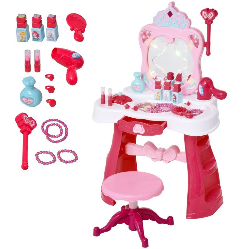 Qaba Kids Vanity Set Makeup Table Princess Pretend Play for Girls with Lights, Sounds, Stool, Magic Wand Remote, Mirror and Makeup Accessories, 5 of 10