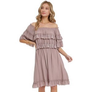 Slickblue Women's Off Shoulder Ruffle Dress, Short Sleeve, Elastic Waist, Boho Style, Color & Size Options - 1 of 4