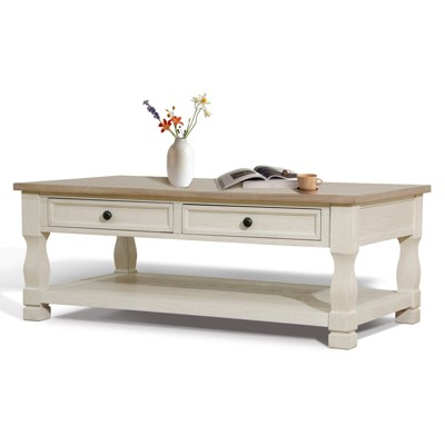 Etelifrank Coffee Table with Storage - Solid Wood, 2 Drawers & Open Shelf