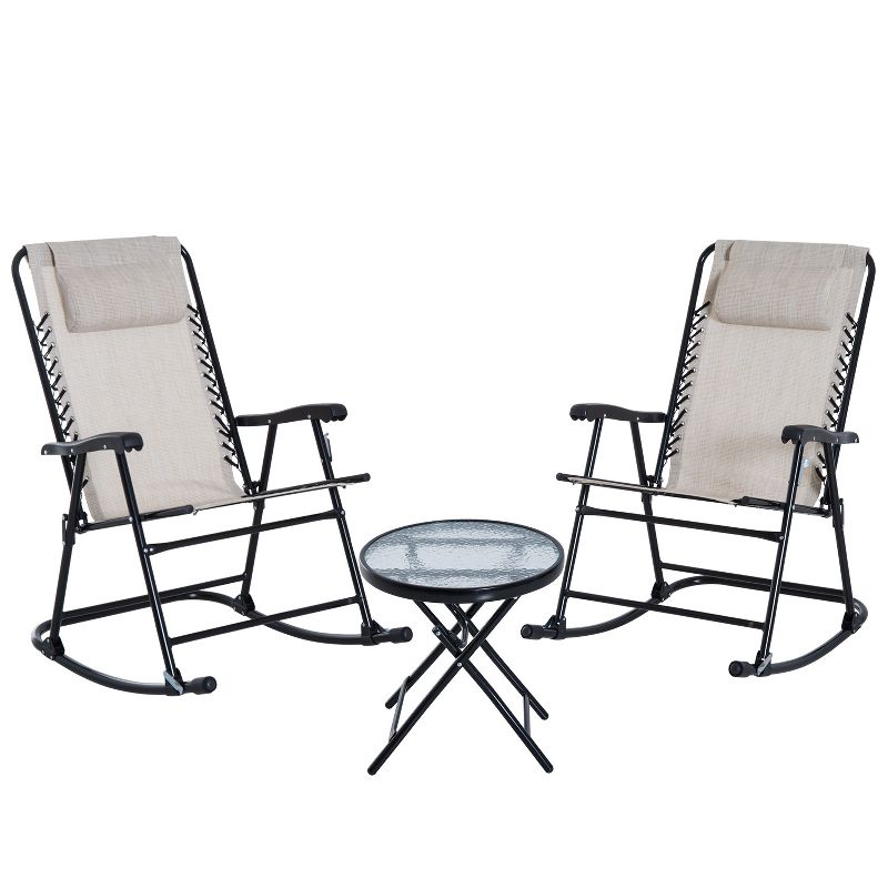 Outsunny 3 Piece Outdoor Rocking Bistro Set, Patio Folding Chair Table Set with Glass Coffee Table for Yard, Patio, Deck, Backyard, 4 of 9