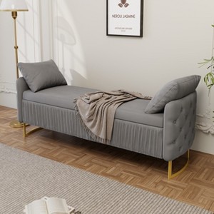 Velvet Upholstered Storage Ottoman, Storage Bench with 2 Pillows, Ruched and Button Tufted Design - ModernLuxe - 1 of 4