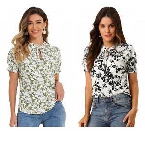 INSPIRE CHIC Women's Ruffle Tie V-Neck Casual Smocked Short Sleeve Floral Top 2 Packs - 1 of 4